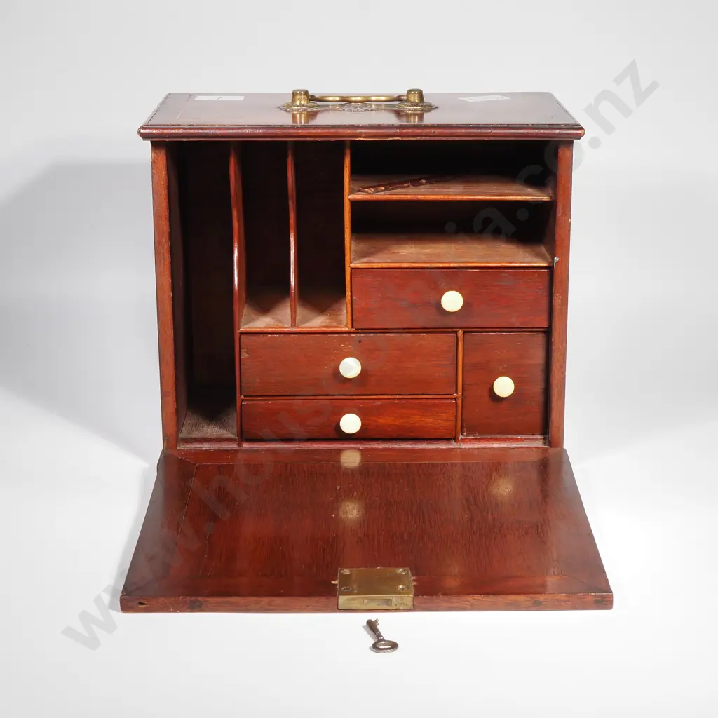 Antique Mahogany Sheraton Revival Stationary Box w Stringing & Brass Handle,The Interior Fitted w Shelves & Drawers Image 1++