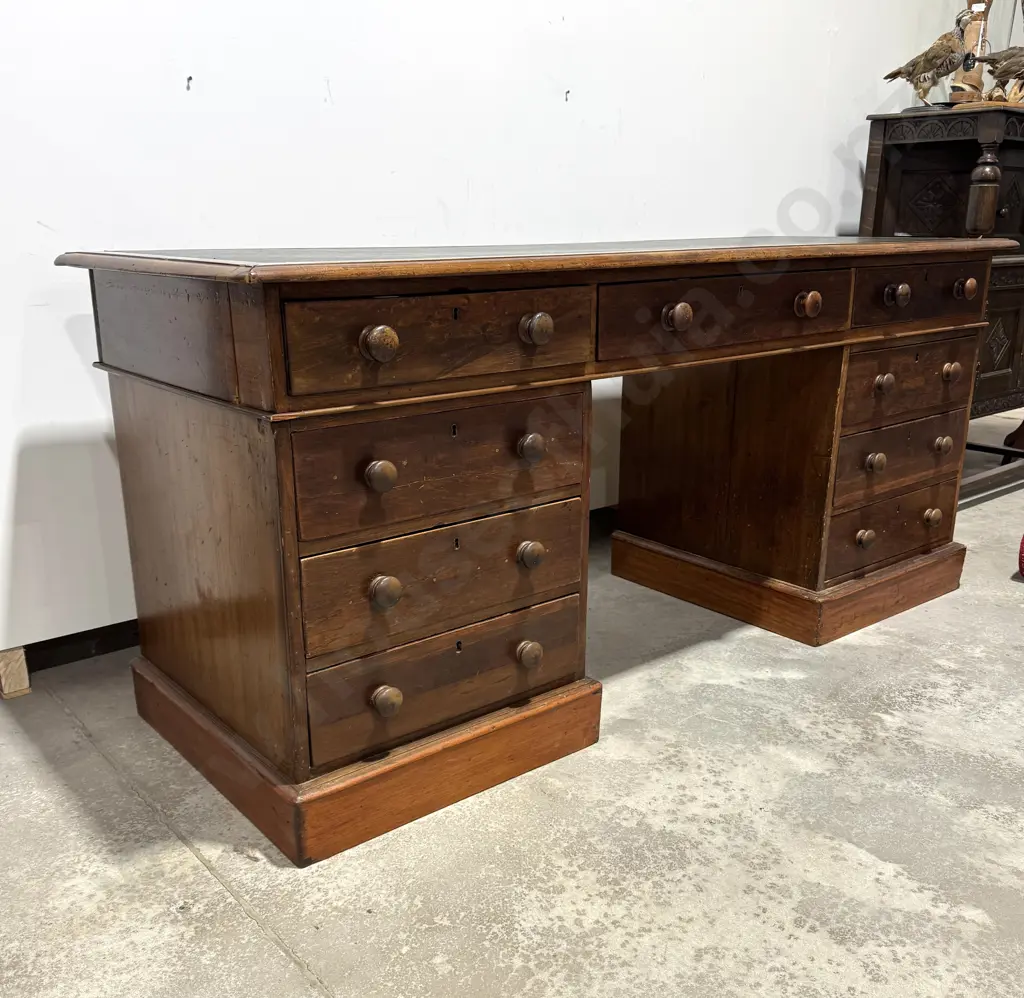 Victorian Nine Drawer Pedestal Desk w  Round Wooden Handles &  Leatherette Inset, Possibly Pine Image 1++