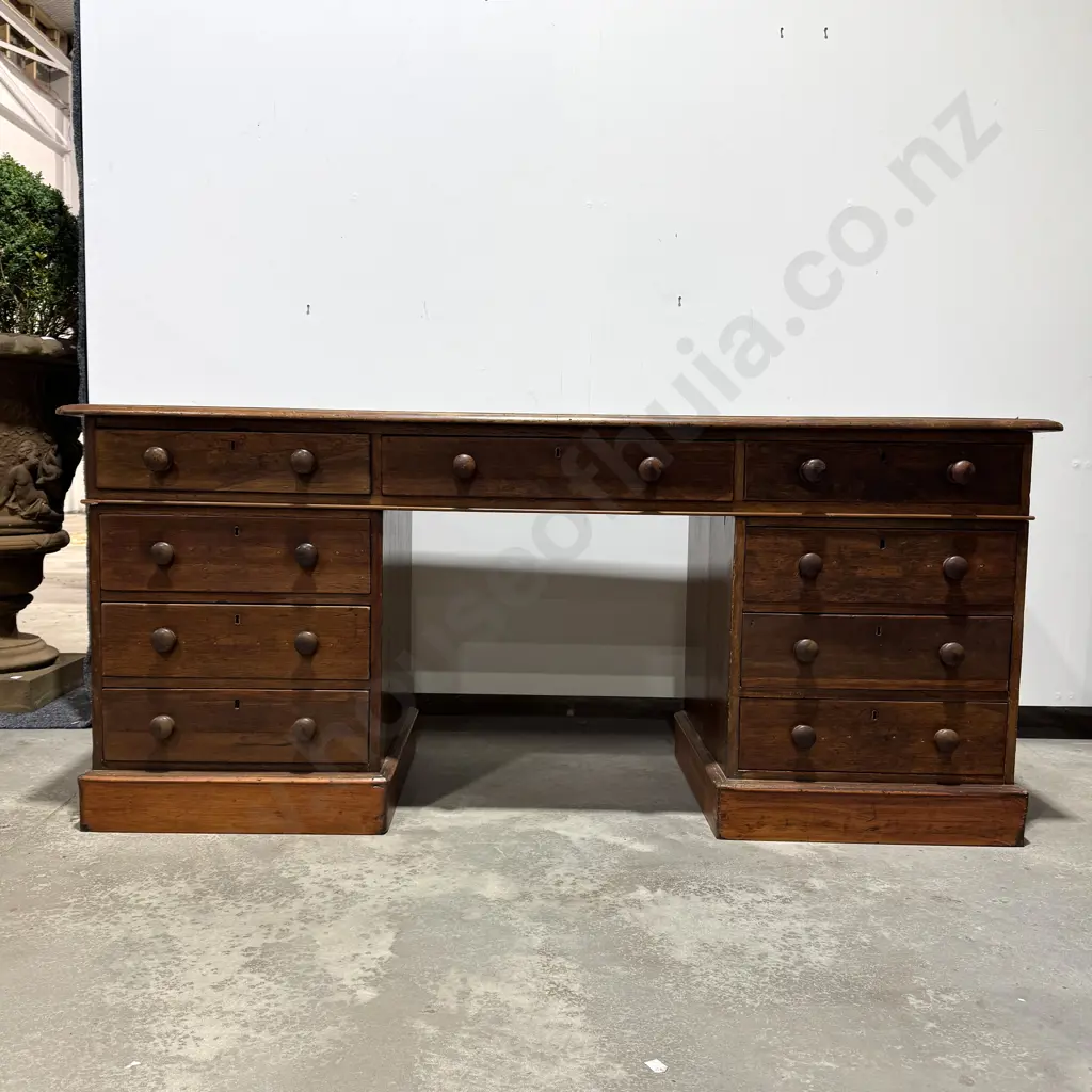 Victorian Nine Drawer Pedestal Desk w  Round Wooden Handles &  Leatherette Inset, Possibly Pine Image 1++