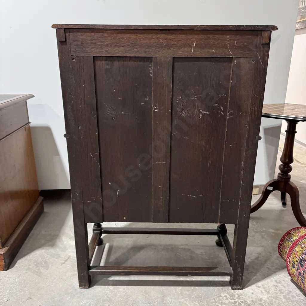 Small Antique Jacobean Revival Oak Court Cupboard, the Central Cupboard w Canted Sides Joined by Supports to Two Doors Image 1++