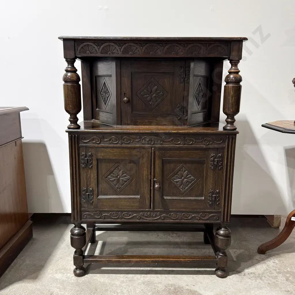 Small Antique Jacobean Revival Oak Court Cupboard, the Central Cupboard w Canted Sides Joined by Supports to Two Doors Image 1++