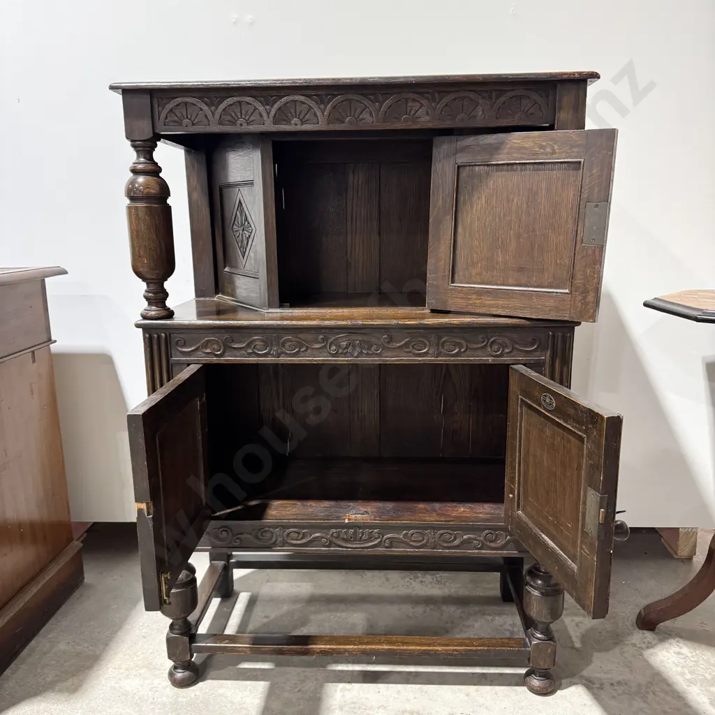 Small Antique Jacobean Revival Oak Court Cupboard, the Central Cupboard w Canted Sides Joined by Supports to Two Doors Image 1++