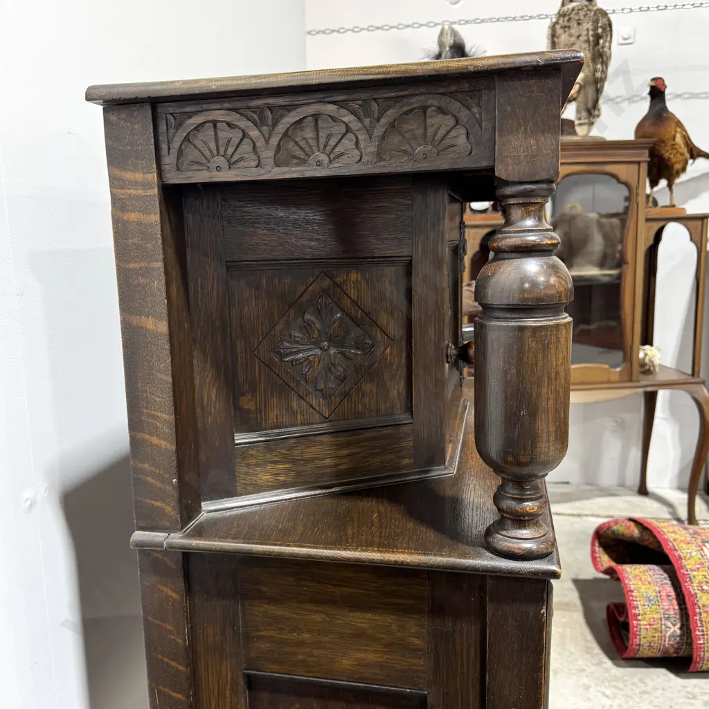 Small Antique Jacobean Revival Oak Court Cupboard, the Central Cupboard w Canted Sides Joined by Supports to Two Doors Image 1++