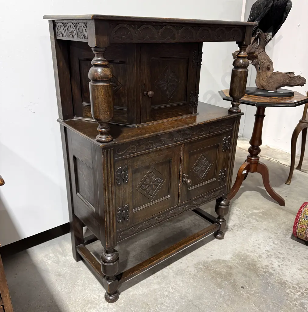 Small Antique Jacobean Revival Oak Court Cupboard, the Central Cupboard w Canted Sides Joined by Supports to Two Doors Image 1++
