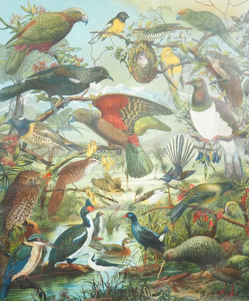 William Shaw Diedrich Schmidt - 'Native Birds of New Zealand',  Vintage Gilt Framed Chromolithograph Image 1++