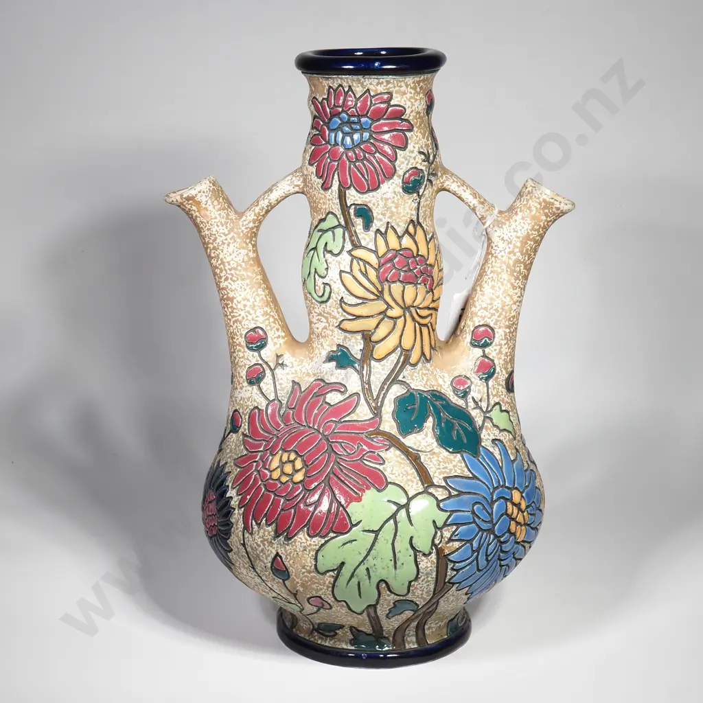 Amphora Art Nouveau Style 'Campina' Double Spouted Pottery Vase w Floral Motifs depicting Chrysanthemums Image 1++
