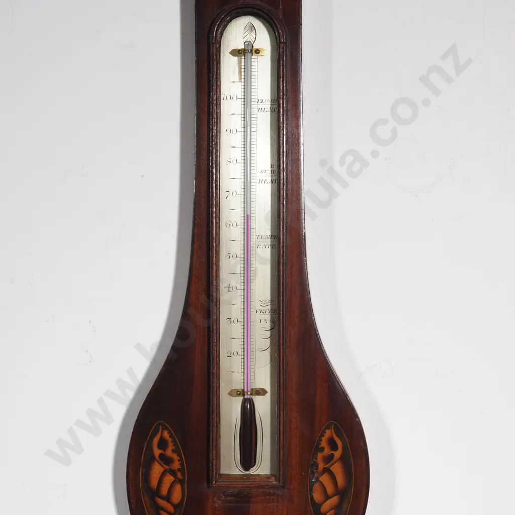 Antique George III Quality Mahogany Shell Inlaid Banjo Barometer W Inlaid Satinwood Shells, Brass Bezel & Silver Dial Image 1++