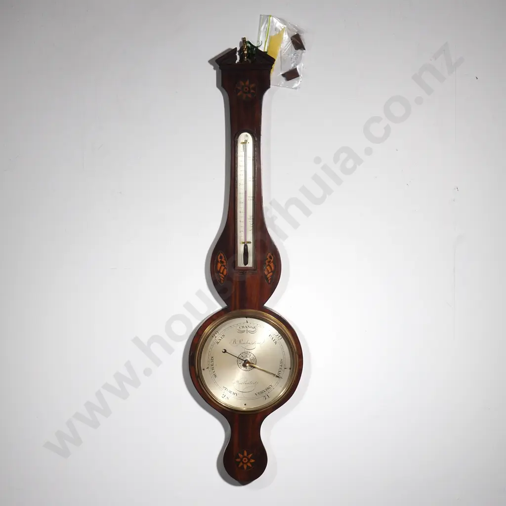 Antique George III Quality Mahogany Shell Inlaid Banjo Barometer W Inlaid Satinwood Shells, Brass Bezel & Silver Dial Image 1++