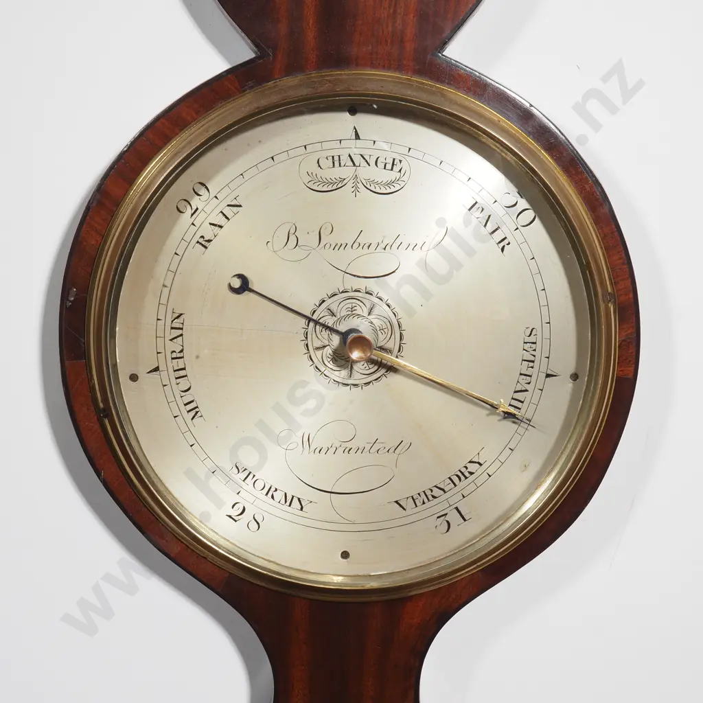 Antique George III Quality Mahogany Shell Inlaid Banjo Barometer W Inlaid Satinwood Shells, Brass Bezel & Silver Dial Image 1++