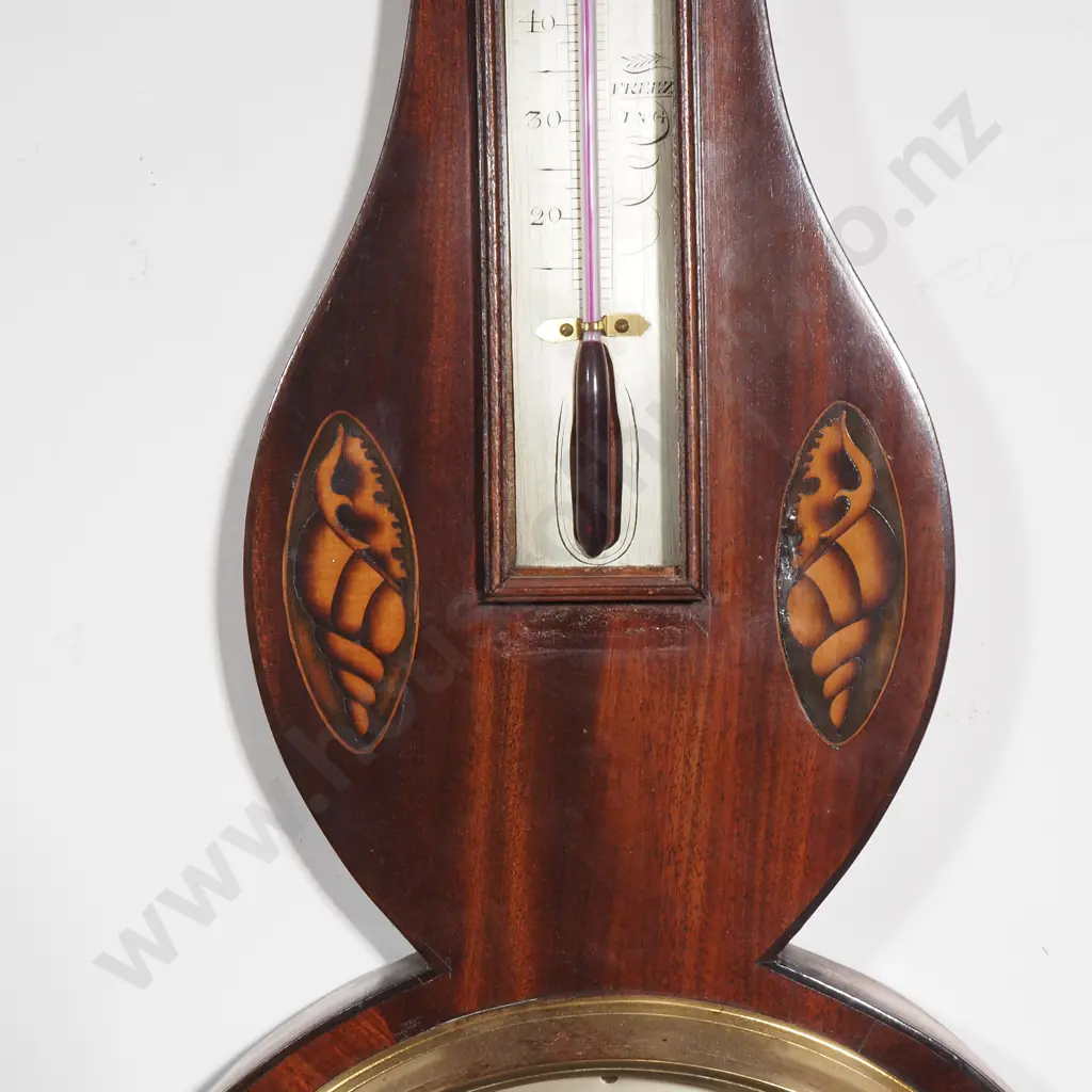 Antique George III Quality Mahogany Shell Inlaid Banjo Barometer W Inlaid Satinwood Shells, Brass Bezel & Silver Dial Image 1++