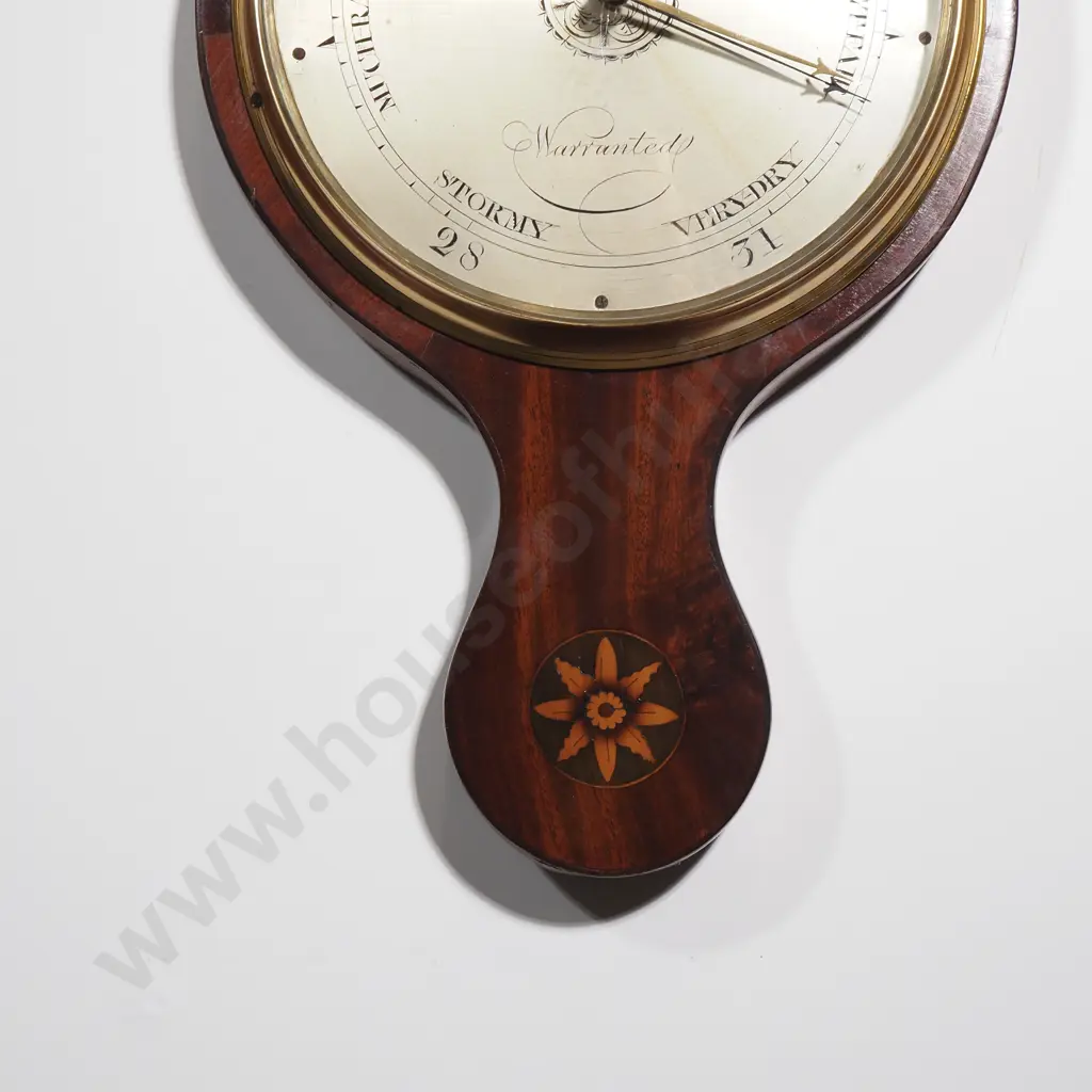 Antique George III Quality Mahogany Shell Inlaid Banjo Barometer W Inlaid Satinwood Shells, Brass Bezel & Silver Dial Image 1++