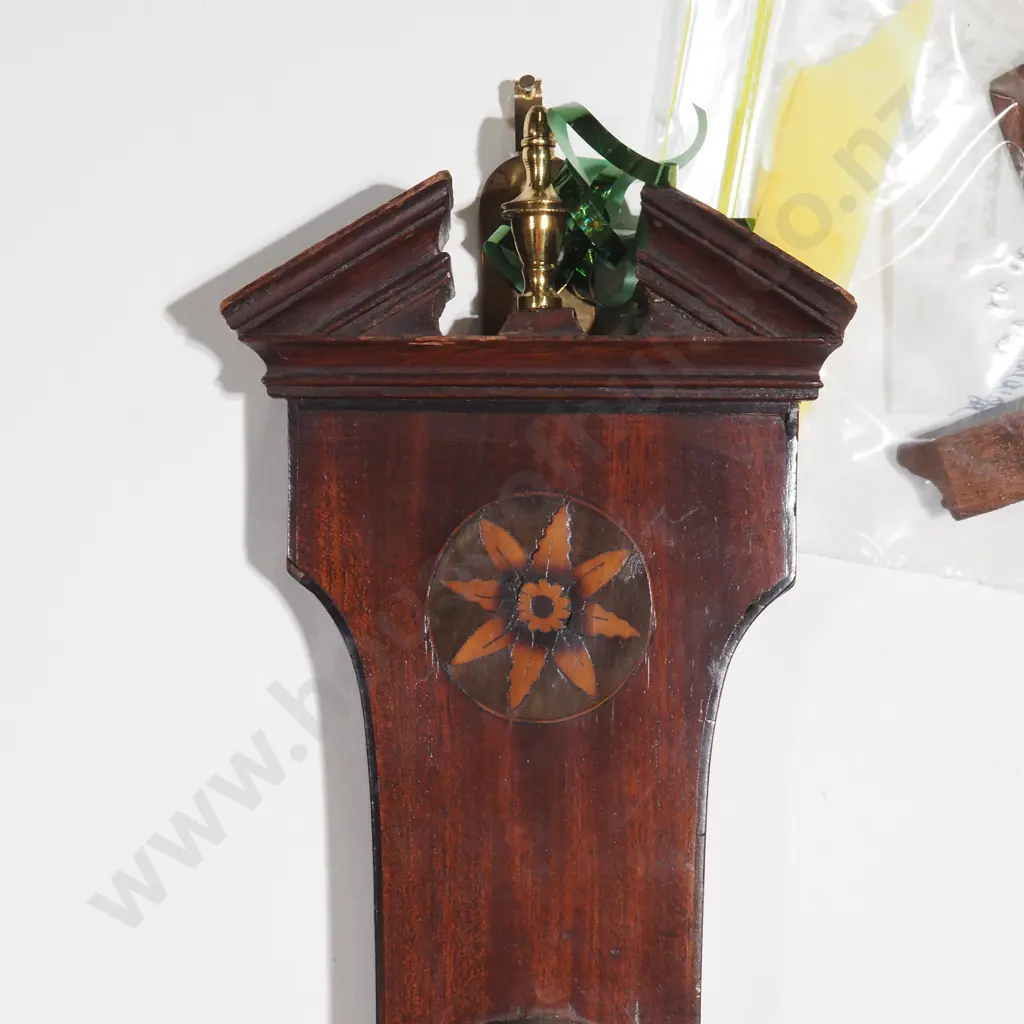 Antique George III Quality Mahogany Shell Inlaid Banjo Barometer W Inlaid Satinwood Shells, Brass Bezel & Silver Dial Image 1++