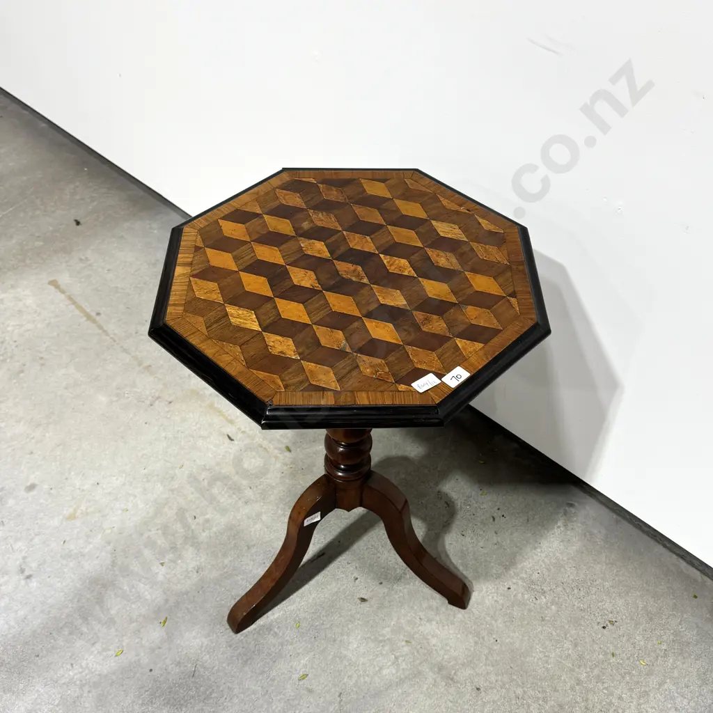 Antique Octagonal Parquetry Inlaid Chess or Games Table w Geometric Wood Inlay on a Turned Pedestal On a Tripod Base Image 1++