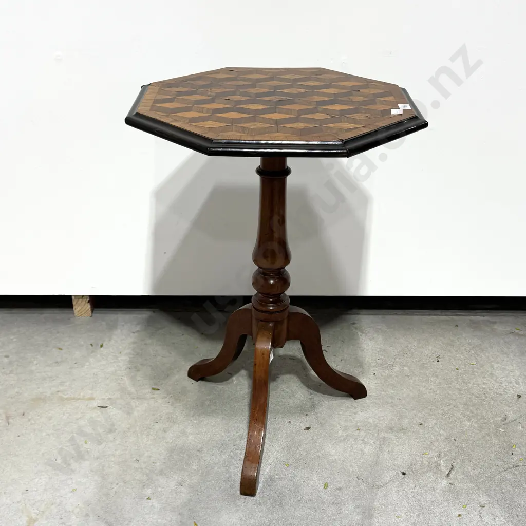 Antique Octagonal Parquetry Inlaid Chess or Games Table w Geometric Wood Inlay on a Turned Pedestal On a Tripod Base Image 1++