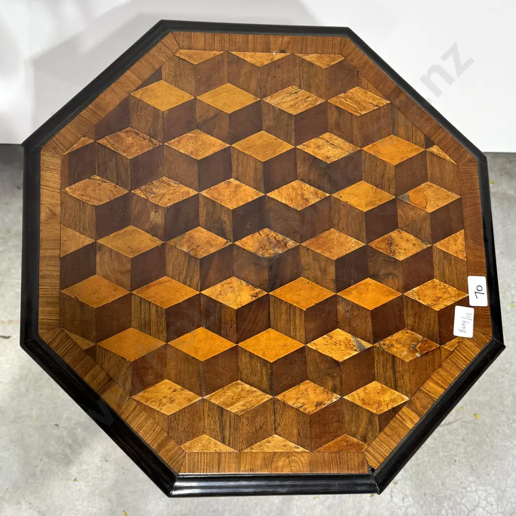 Antique Octagonal Parquetry Inlaid Chess or Games Table w Geometric Wood Inlay on a Turned Pedestal On a Tripod Base Image 1++