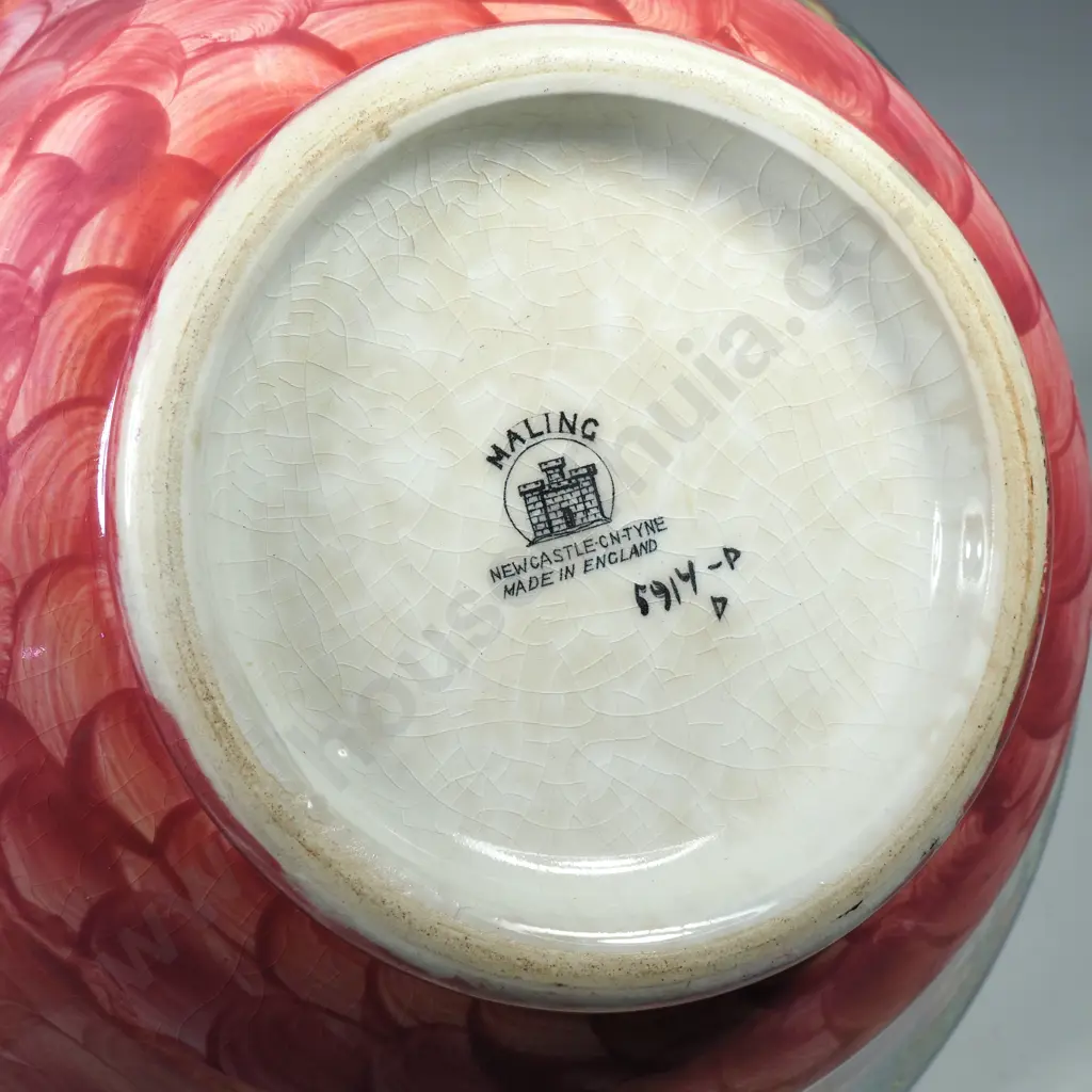 Vintage Pink Lustre Footed Bowl w Scale Pattern Interior & Central Butterfly Motif & Grape & Wine Leaf Border Image 1++
