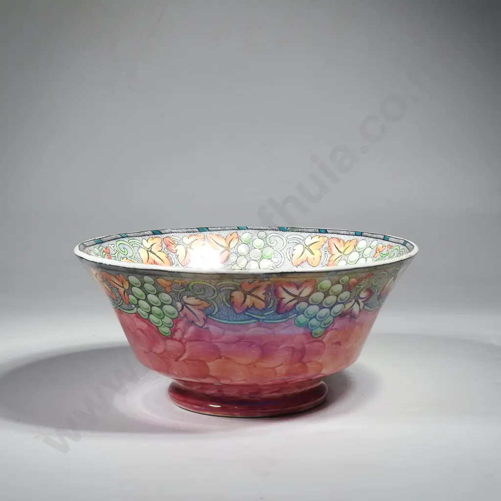 Vintage Pink Lustre Footed Bowl w Scale Pattern Interior & Central Butterfly Motif & Grape & Wine Leaf Border Image 1++