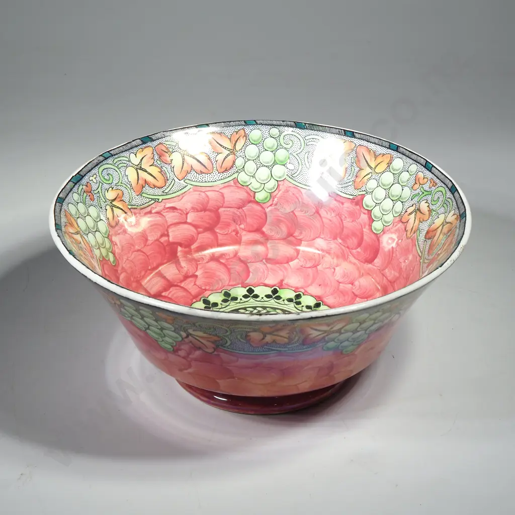 Vintage Pink Lustre Footed Bowl w Scale Pattern Interior & Central Butterfly Motif & Grape & Wine Leaf Border Image 1++
