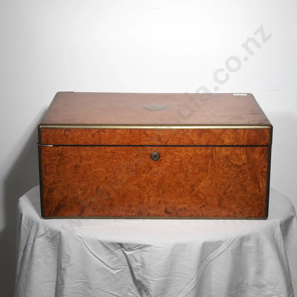 Antique Burr Walnut Campaign Style Box w Flush Brass Handles & Engraved Top Crest Image 1++