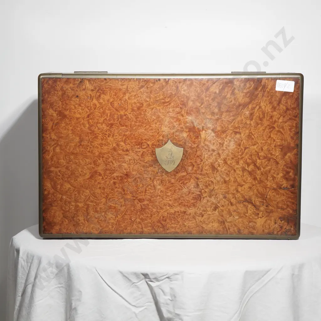 Antique Burr Walnut Campaign Style Box w Flush Brass Handles & Engraved Top Crest Image 1++