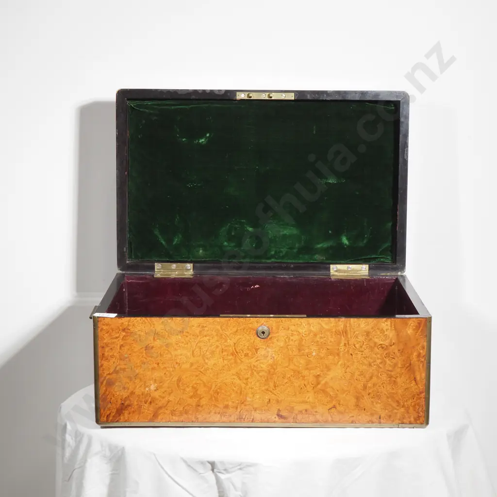 Antique Burr Walnut Campaign Style Box w Flush Brass Handles & Engraved Top Crest Image 1++