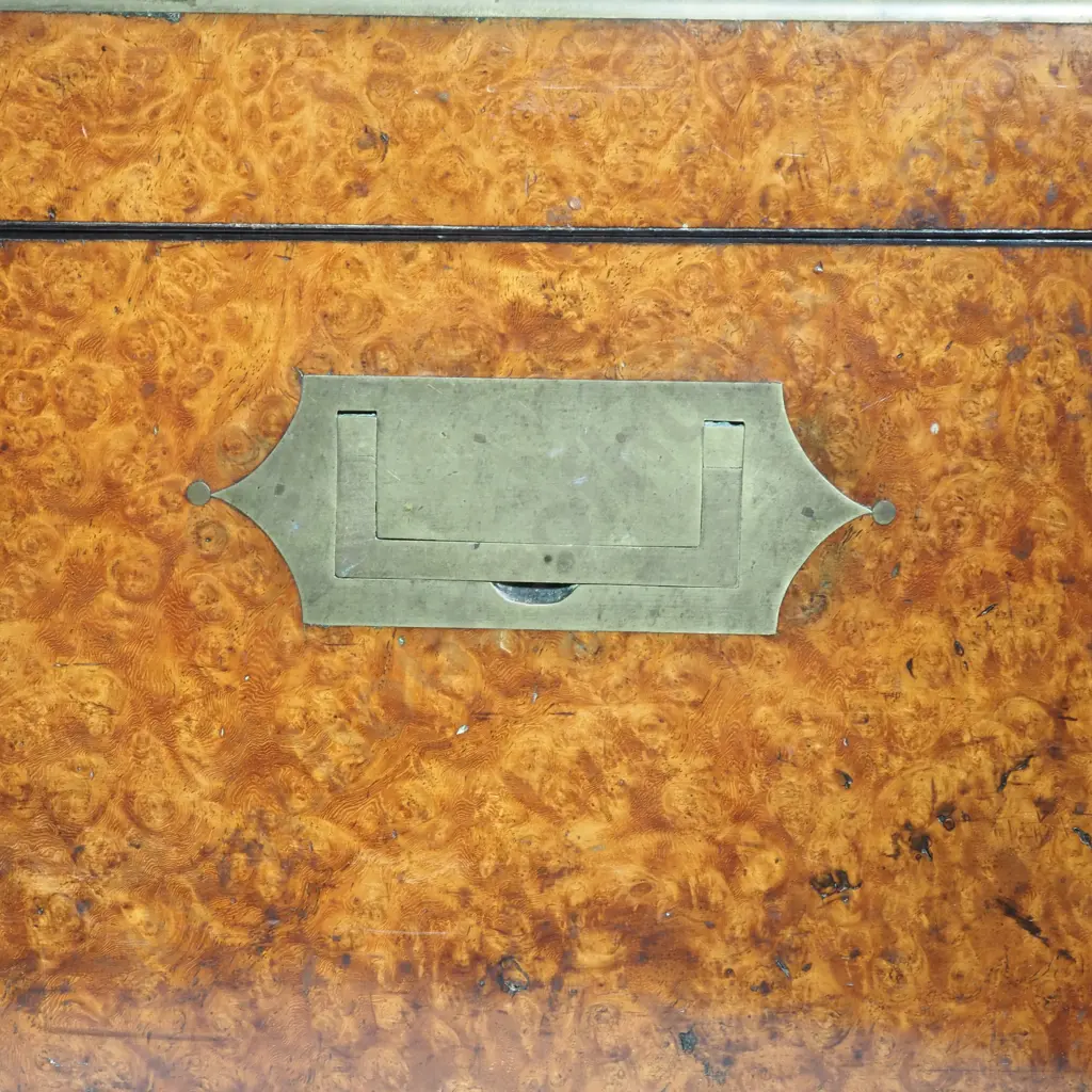 Antique Burr Walnut Campaign Style Box w Flush Brass Handles & Engraved Top Crest Image 1++