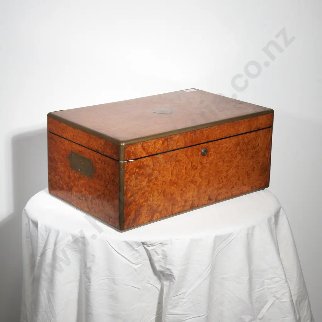 Antique Burr Walnut Campaign Style Box w Flush Brass Handles & Engraved Top Crest Image 1++