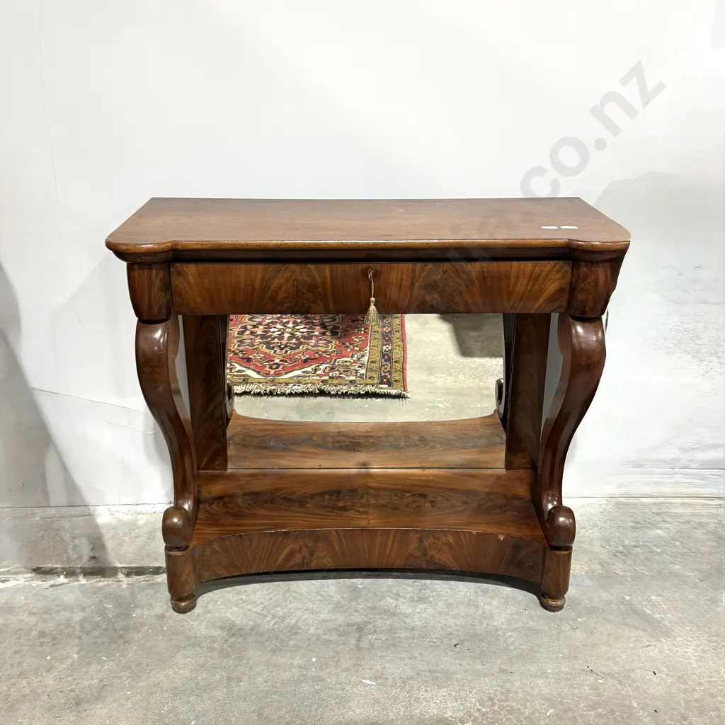 Antique Louise Phillipe Style Mirror Back Mahogany Console Table w Single Frieze Drawer & Curved Supports Image 1++