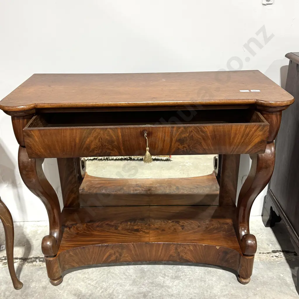 Antique Louise Phillipe Style Mirror Back Mahogany Console Table w Single Frieze Drawer & Curved Supports Image 1++
