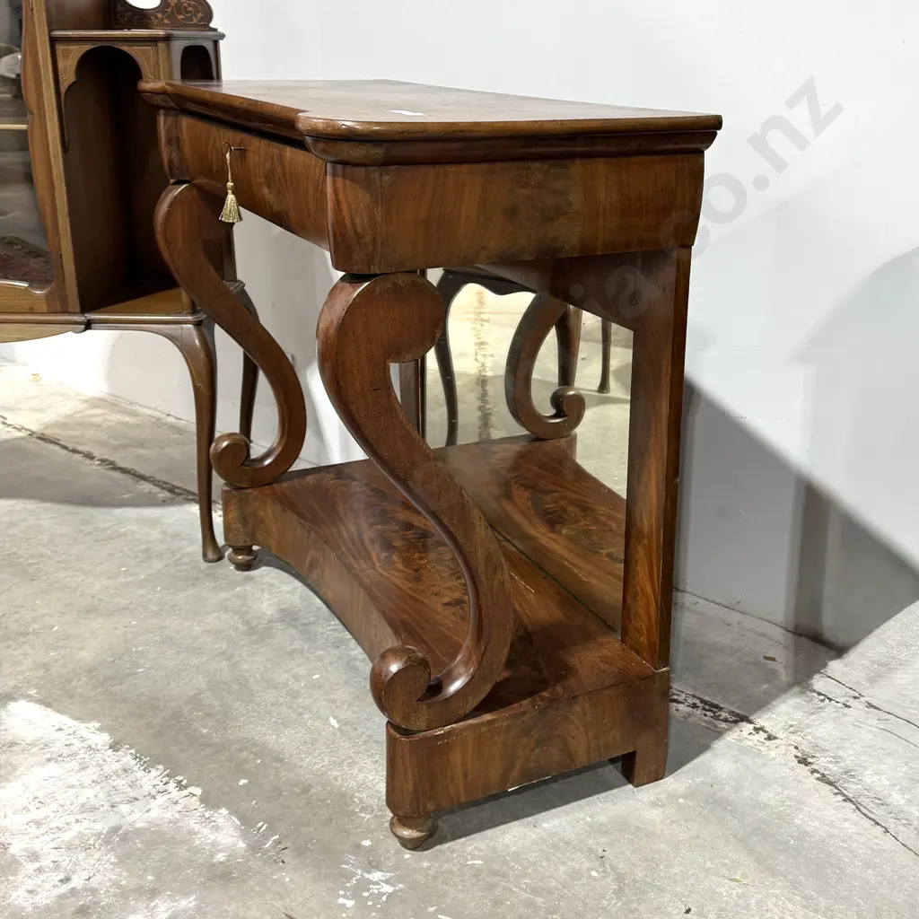 Antique Louise Phillipe Style Mirror Back Mahogany Console Table w Single Frieze Drawer & Curved Supports Image 1++