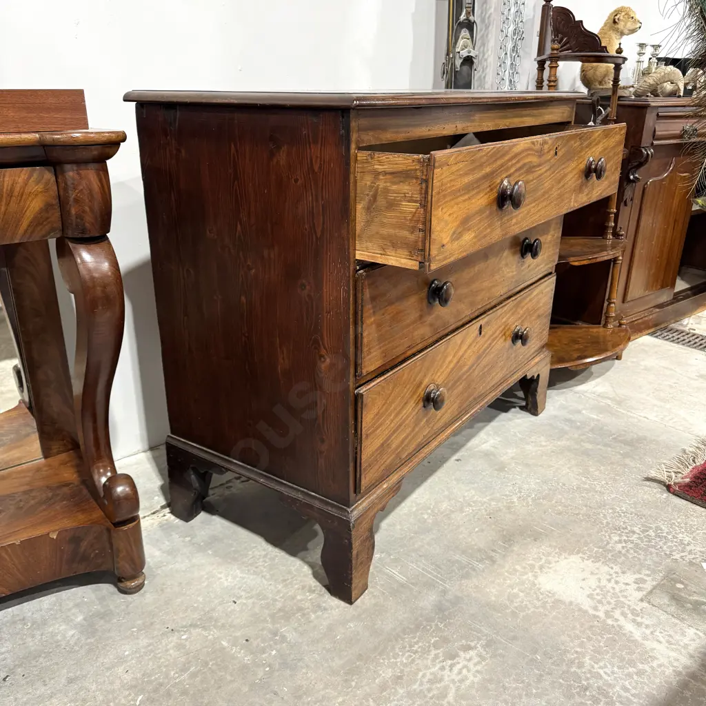 Victorian Mahogany Chest of Three Long Drawers w Wooden Handles, Keyhole Escutcheons on Bracket Feet Image 1++