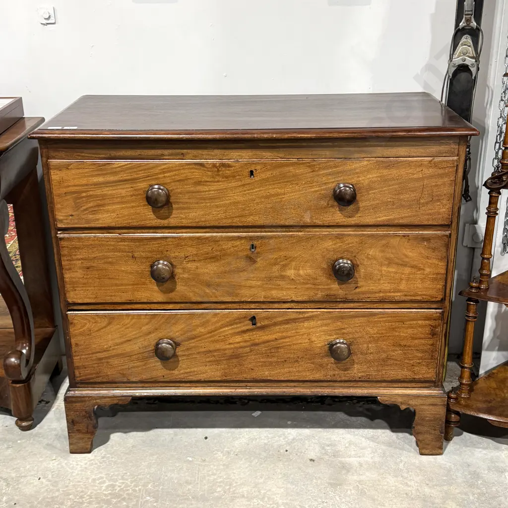 Victorian Mahogany Chest of Three Long Drawers w Wooden Handles, Keyhole Escutcheons on Bracket Feet Image 1++