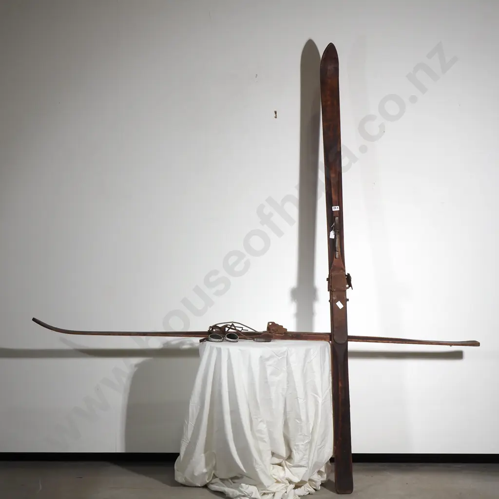 Pair of Antique Skis w Metal Cable Bindings & Spring Tension Coils (1930-50s) & a Pair of Vintage Glacier Goggles Image 1++