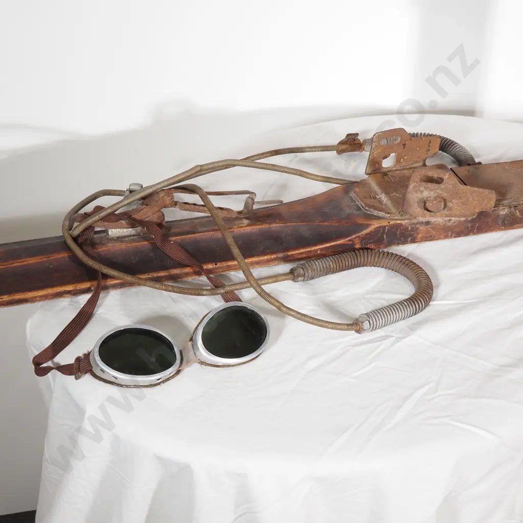 Pair of Antique Skis w Metal Cable Bindings & Spring Tension Coils (1930-50s) & a Pair of Vintage Glacier Goggles Image 1++