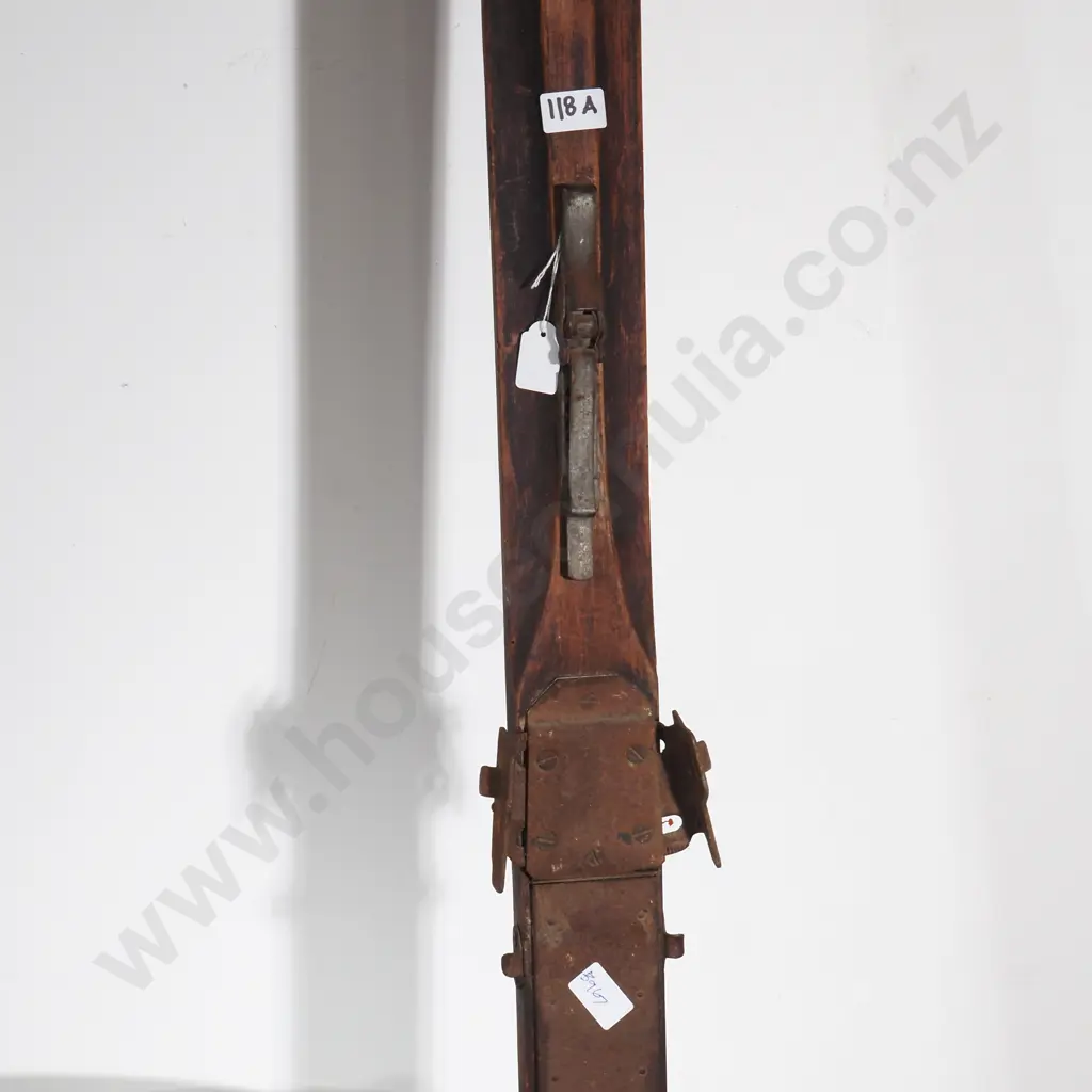 Pair of Antique Skis w Metal Cable Bindings & Spring Tension Coils (1930-50s) & a Pair of Vintage Glacier Goggles Image 1++
