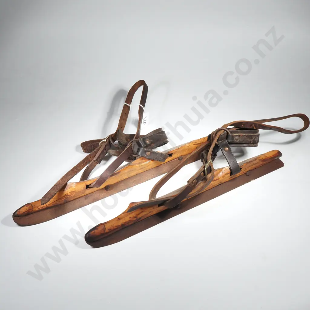 Antique Pair of Leather, Wood & Metal Bladed Ice Skates - Likely Dutch / Frisian Circa 1890 Image 1++