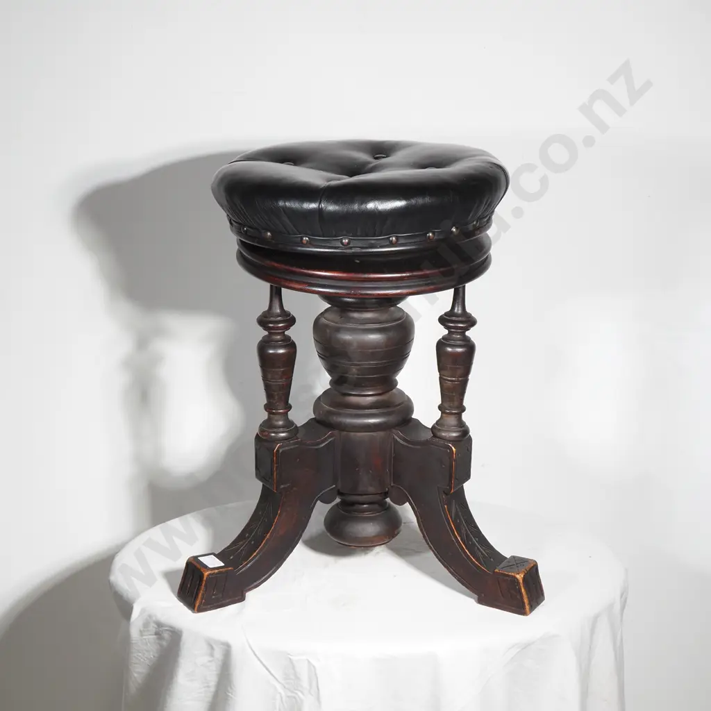 Victorian Ebonised Swivel Piano Stool w Cushioned Leather Seat Image 1++