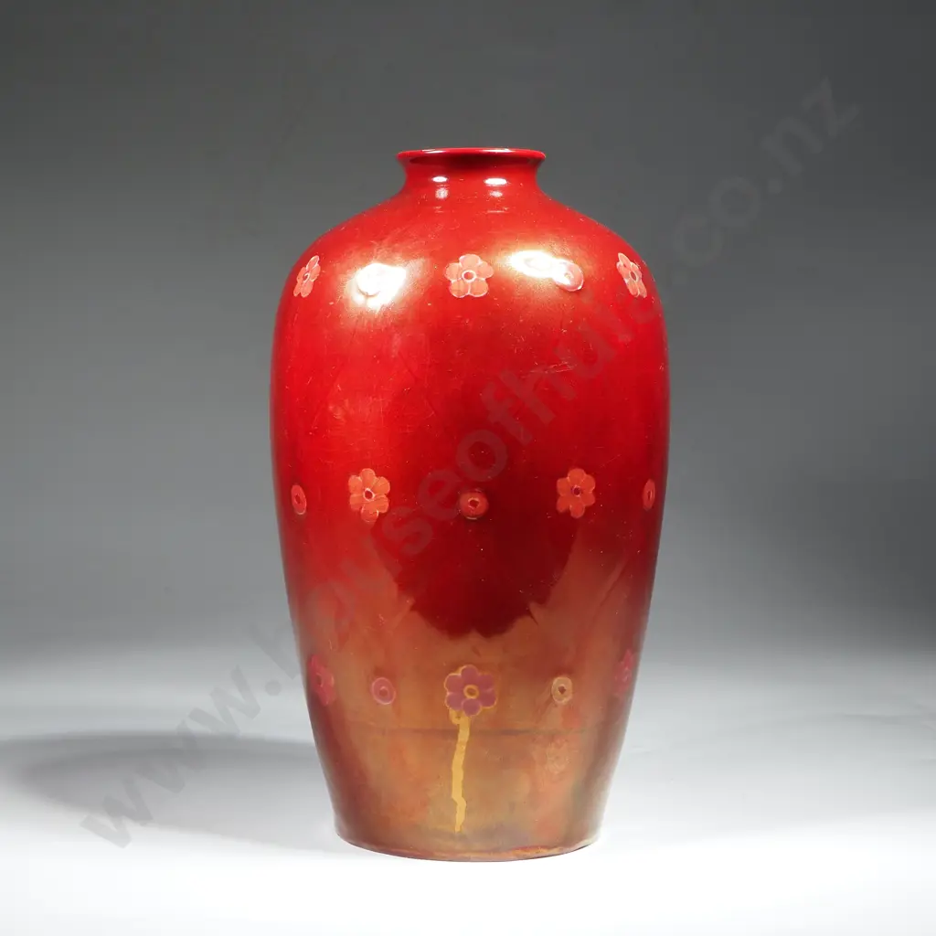 Moorcroft Flamminian Ware Vase In Red Glaze w Raised Floral Roundels, No 28, Signed William Moorcroft Image 1++