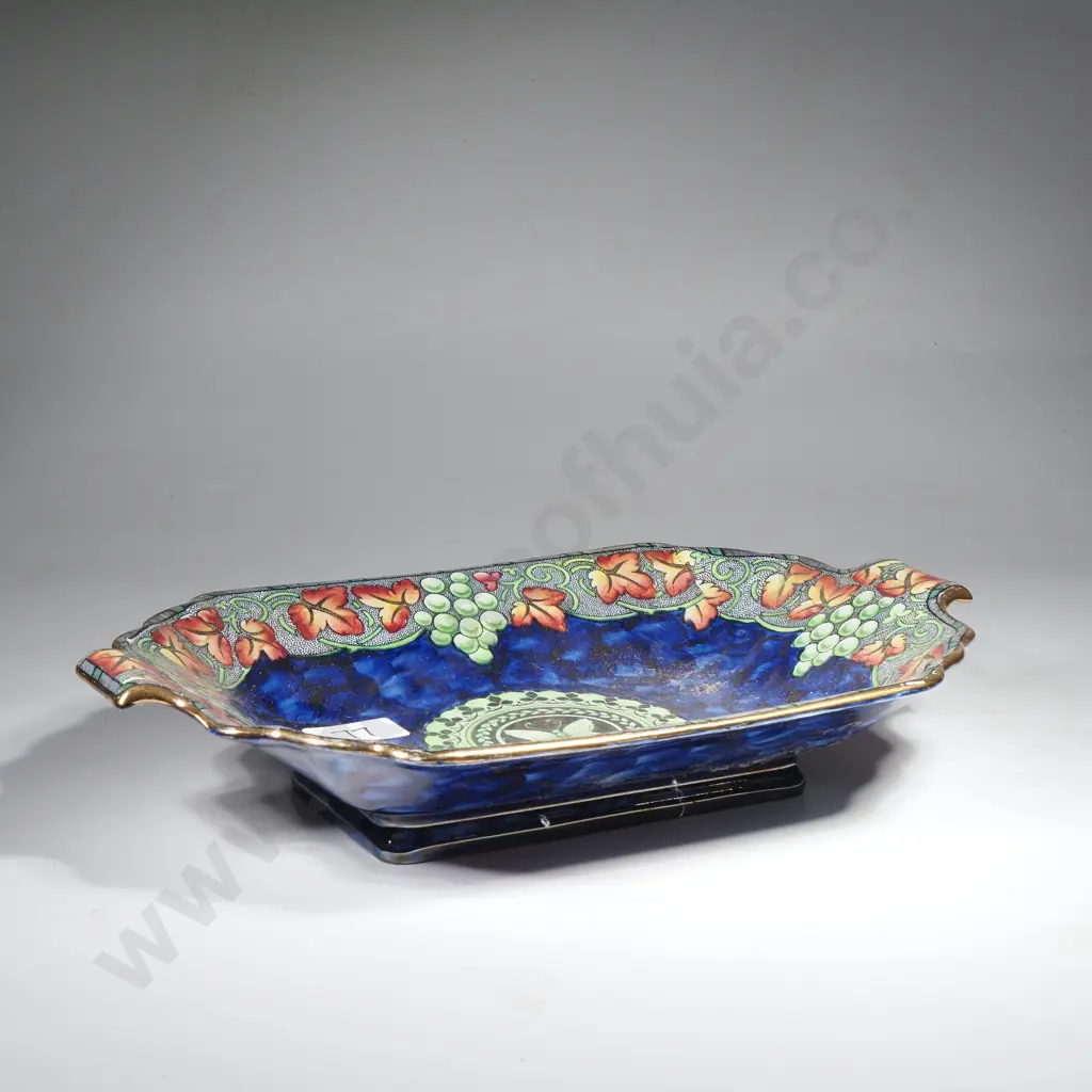 Vintage Maling Blue Lustre Ceramic Tray w Grape Vine & Leaf Border & Central Butterfly Medallion Image 1++