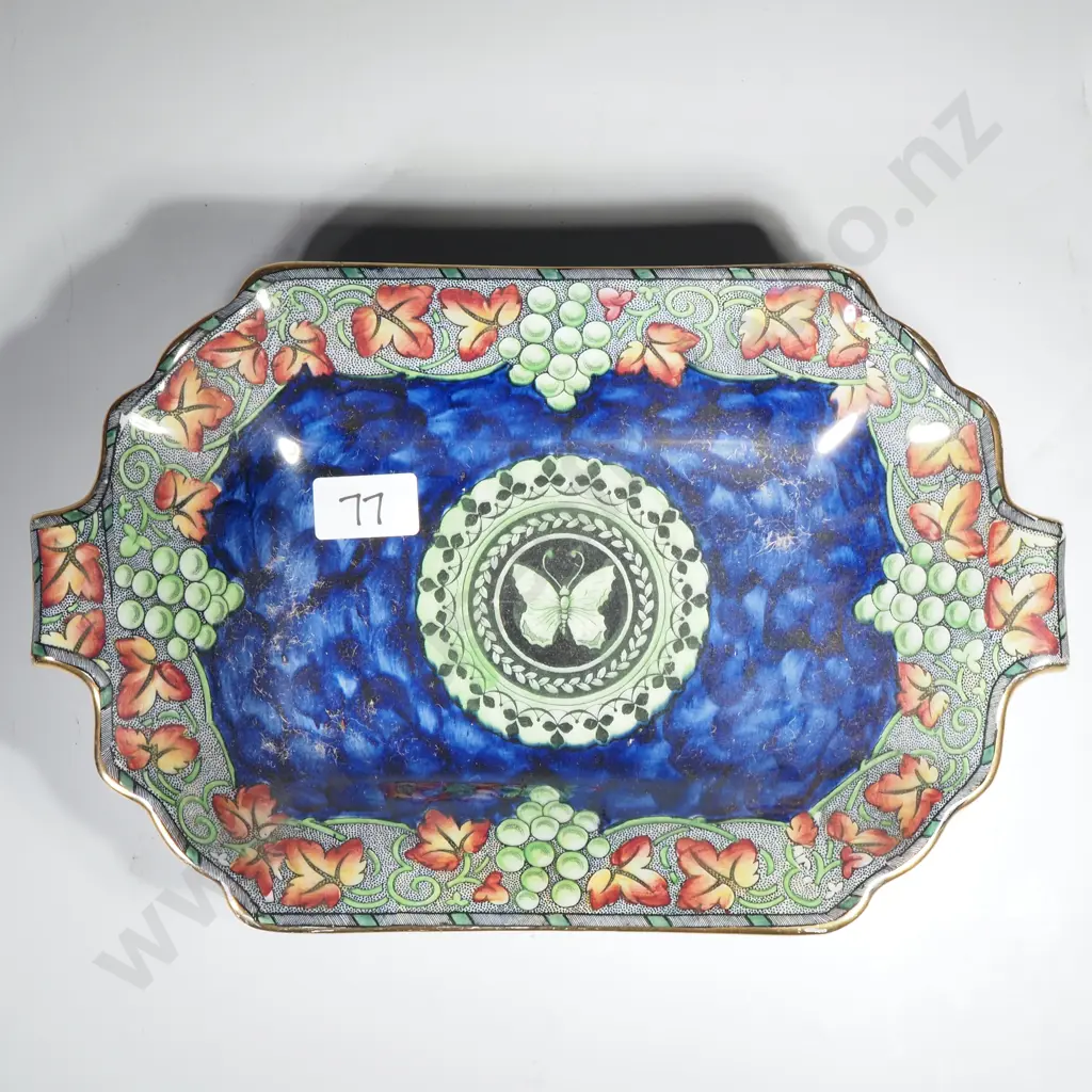 Vintage Maling Blue Lustre Ceramic Tray w Grape Vine & Leaf Border & Central Butterfly Medallion Image 1++