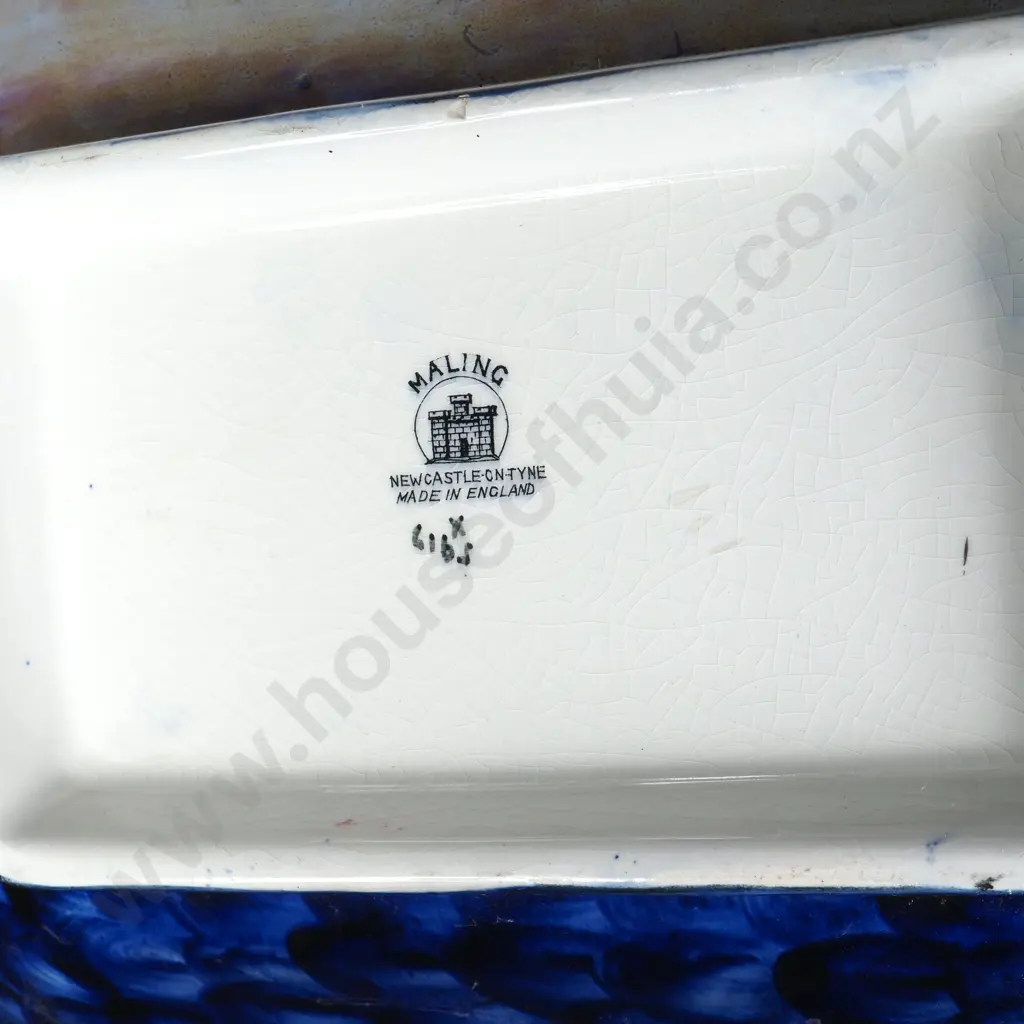 Vintage Maling Blue Lustre Ceramic Tray w Grape Vine & Leaf Border & Central Butterfly Medallion Image 1++