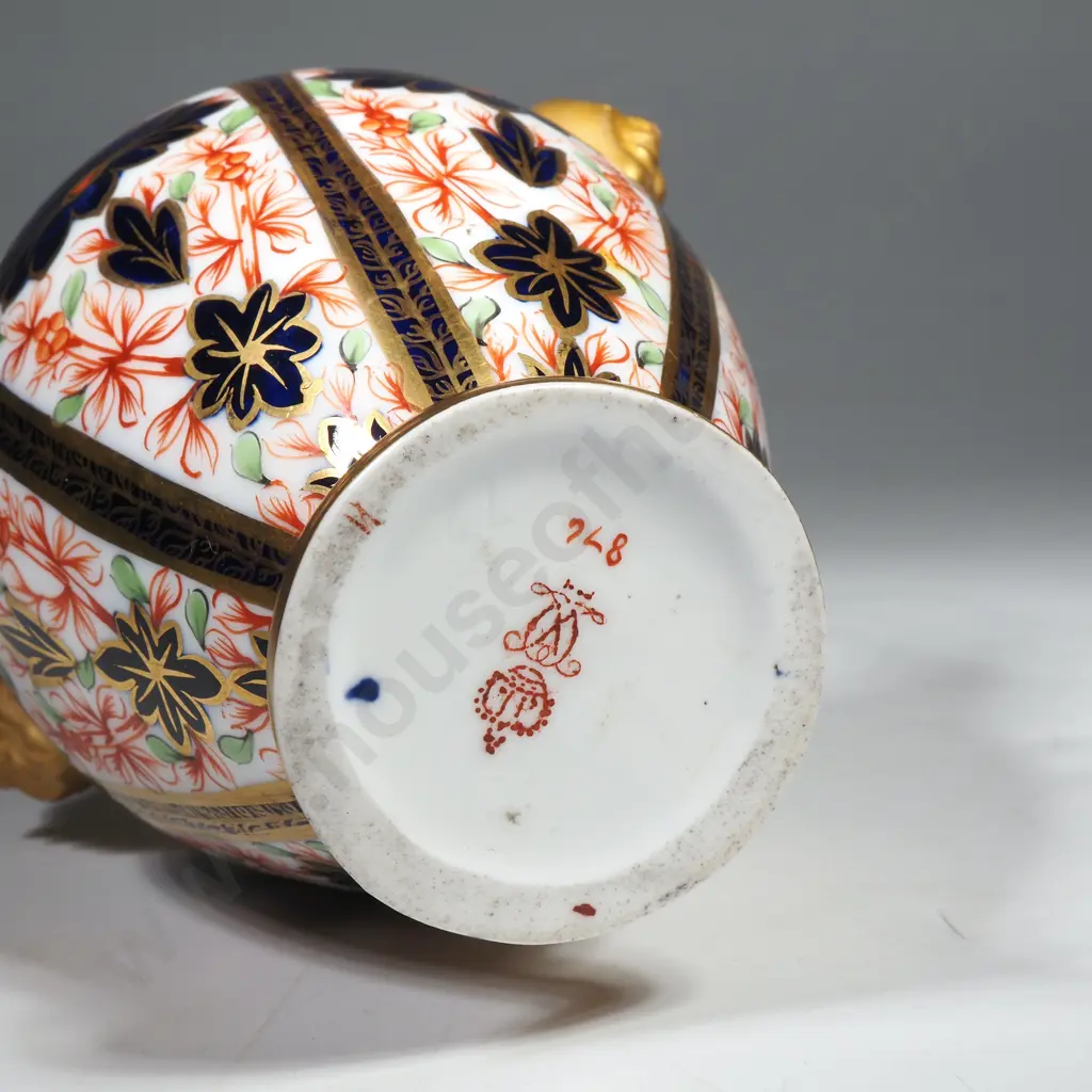 Royal Crown Derby Two Handled Urn w Cobalt Blue, Iron Red & Gilt Imari Pattern w Mask Terminal Loop Handles Image 1++