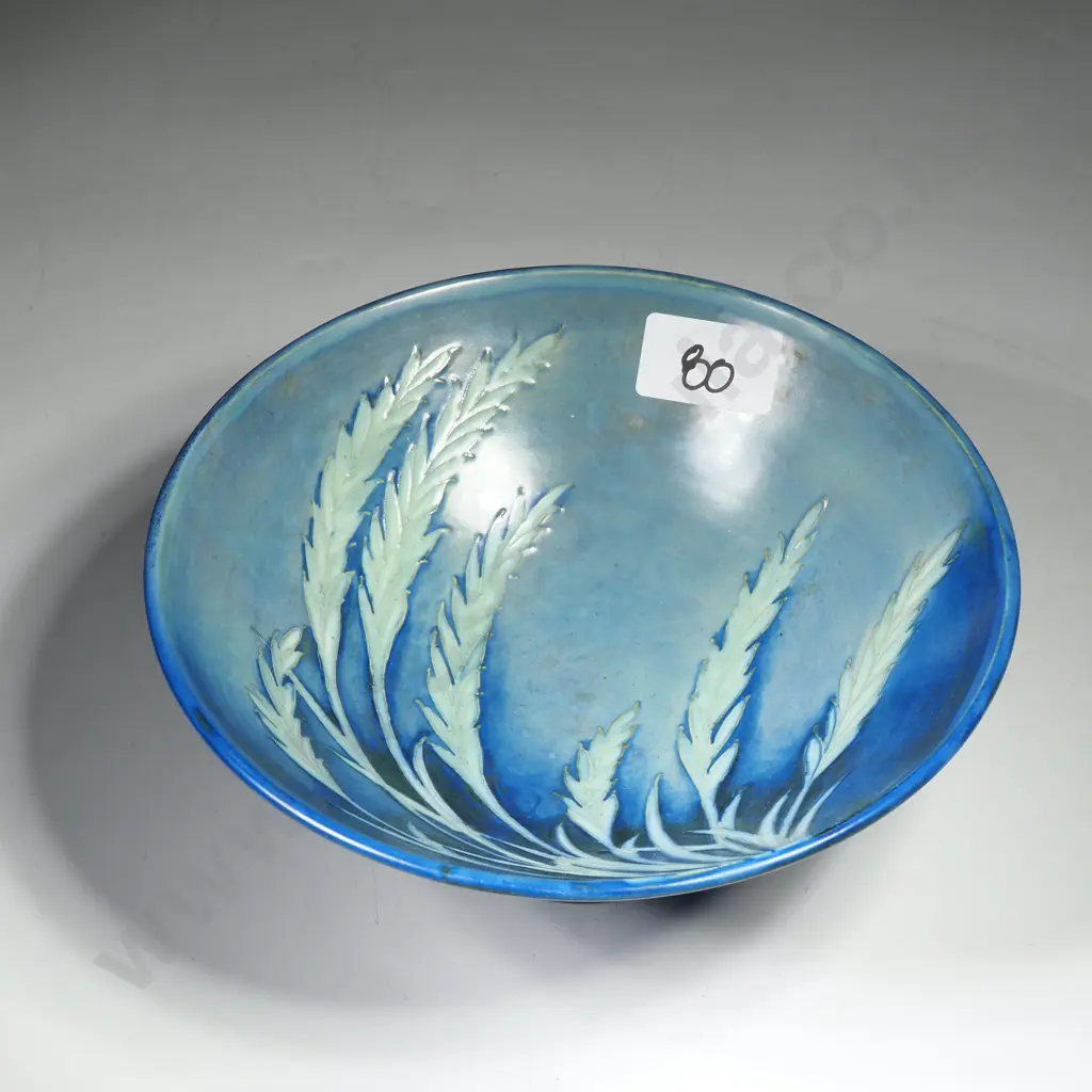 Moorcroft Pottery Footed Bowl in the  Waving Corn Pattern on a Mottled Blue Ground,  Signed William Moorcroft Image 1++