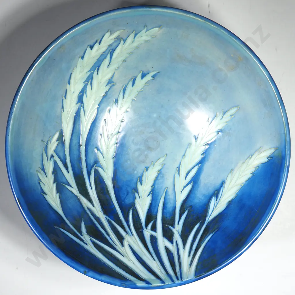 Moorcroft Pottery Footed Bowl in the  Waving Corn Pattern on a Mottled Blue Ground,  Signed William Moorcroft Image 1++