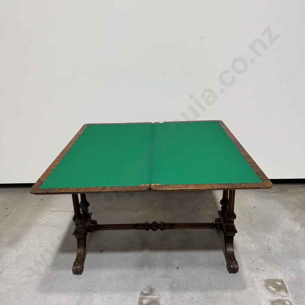 Victorian Walnut Rectangular Fold Over Card Table w Interior Beige Lining A/F Image 1++