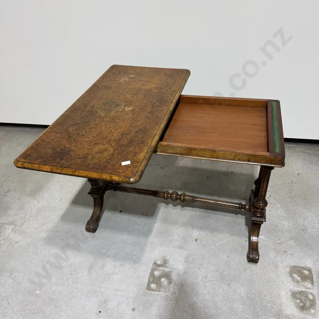 Victorian Walnut Rectangular Fold Over Card Table w Interior Beige Lining A/F Image 1++