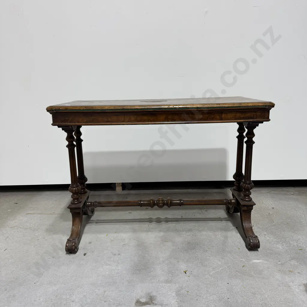 Victorian Walnut Rectangular Fold Over Card Table w Interior Beige Lining A/F Image 1++