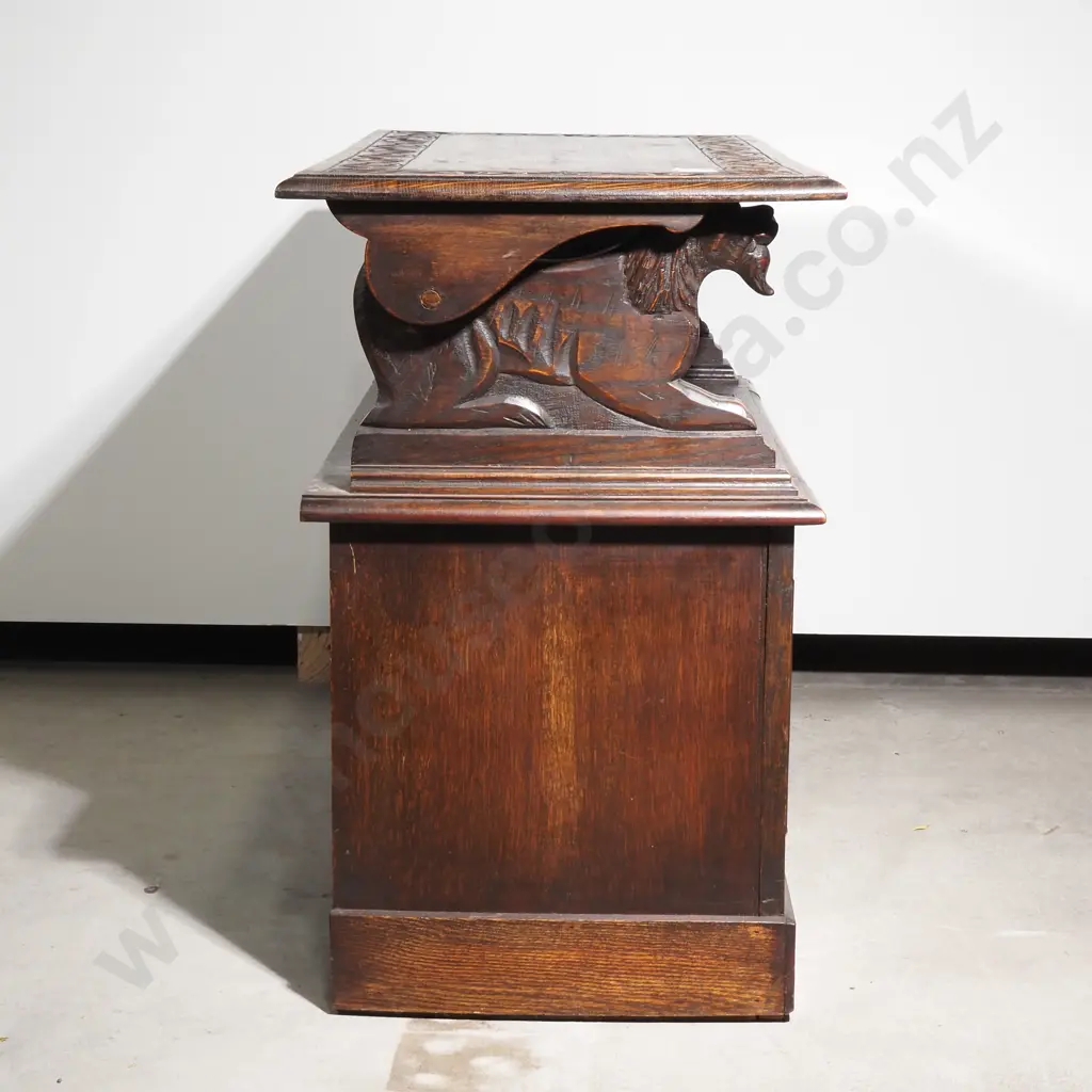 Antique Carved Monks Bench Heavily Decorated w Relief Carvings including Scrolls, Acanthus Leaves & Iron Mask Armrests Image 1++