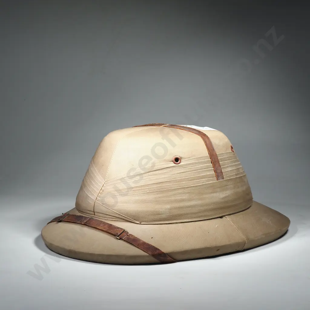 Vintage Bombay Bowler, Safari or Pith Helmet in Khaki Coloured Cotton, Maker EV Mohamed & Sons Image 1++