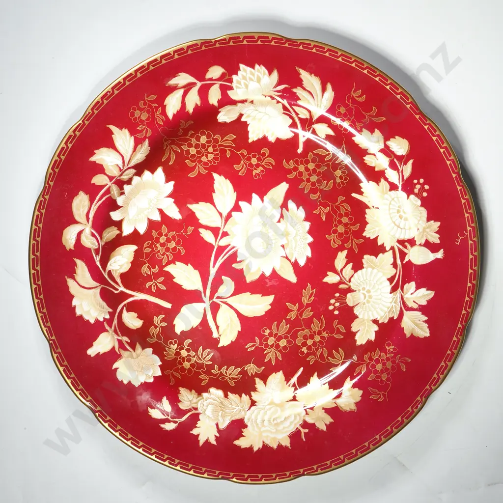 Wedgwood Ruby Tonquin Bone China Plate w Ruby Ground & Gold Floral Decoration & Key Fret Border Image 1++